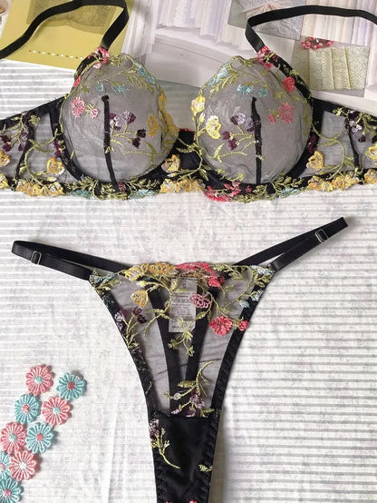 Yimunancy Floral Embroidery Lingerie Set Women Sheer 2-Piece Boho Bra + Panty Underwear Set Intimates