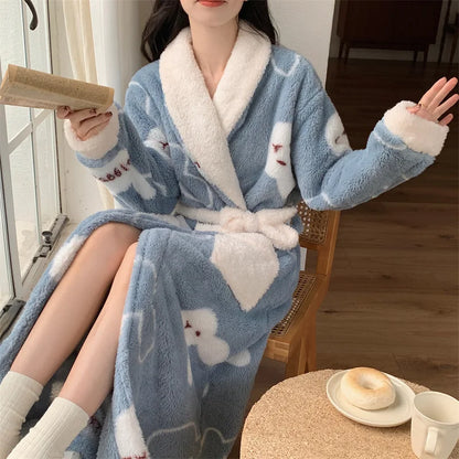 Women's Pajamas Cute Pijama Winter Sleepwear Warm Robe Sets Long Home Wear Bathrobe Plus Velvet Warmth Coral Fleece Nightgown