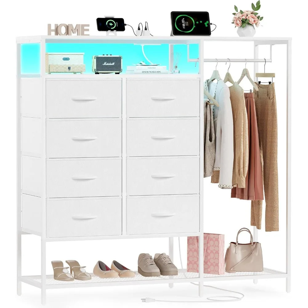 White Dresser for Bedroom with 8 Drawers,Bedroom Dresser with Hanging Rack,Clothes Dresser with Led Lights,with Charging Station