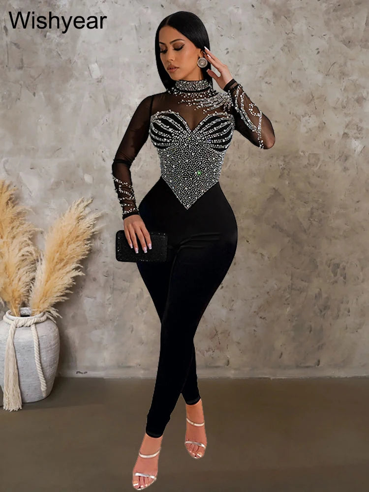 Wishyear Luxury Long Sleeve Mesh Patchwork Rhinestone Skinny Jumpsuits Women Sexy Night Club Rompers Birthday One Piece Oufits