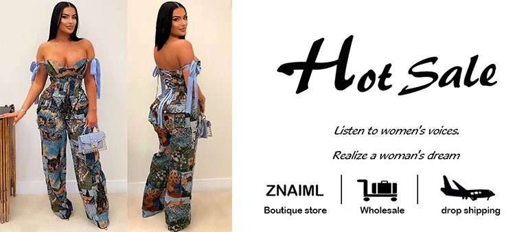 Znaiml New Print Off Shoulder Bandage Crop Tops and Wide Legs Cargo Pants Two Pieces Women Sets Workout Active Wear Club Outfits