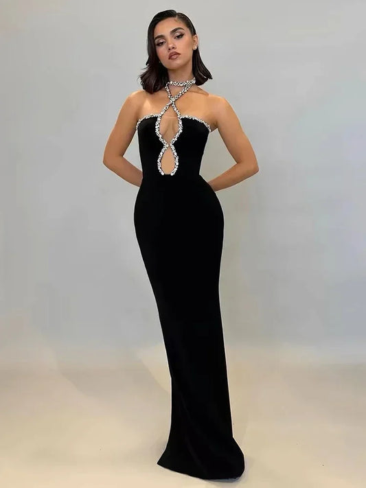 2024 New Autumn Women's Black Strapless Luxury Diamond Tight Long Bandage Dress Elegant Celebrity Party Evening Dress