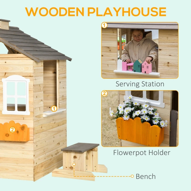 Wooden Kids Playhouse, Adventures Cottage, with Working Door, Windows, Bench, Service Station, Flowers Pot Holder