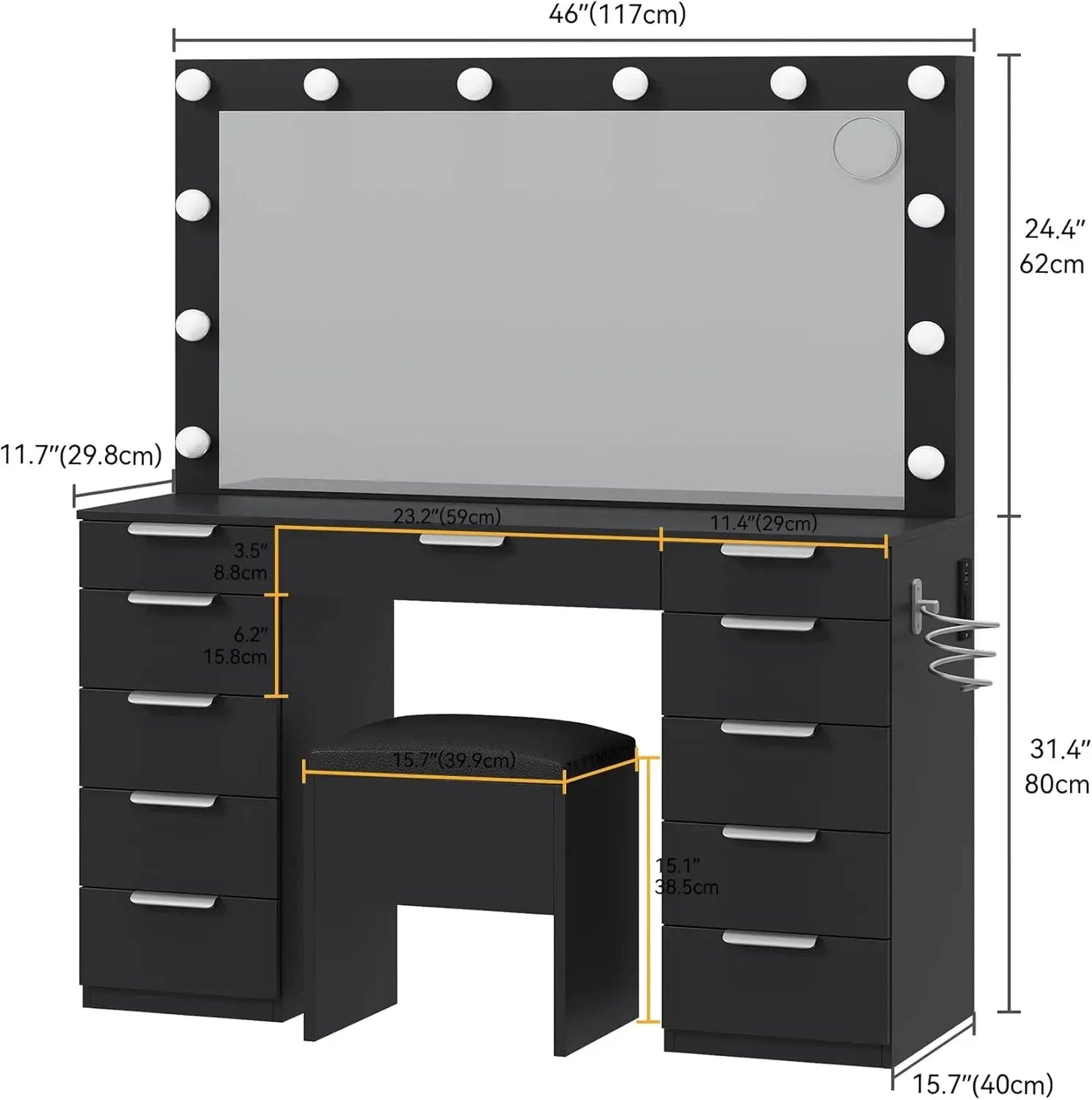 Vanity with LED-Lit Mirror & Electrical Socket, Cosmetic Vanity Station with 11 Compartments and Magnifier, 46'' Dressing Table