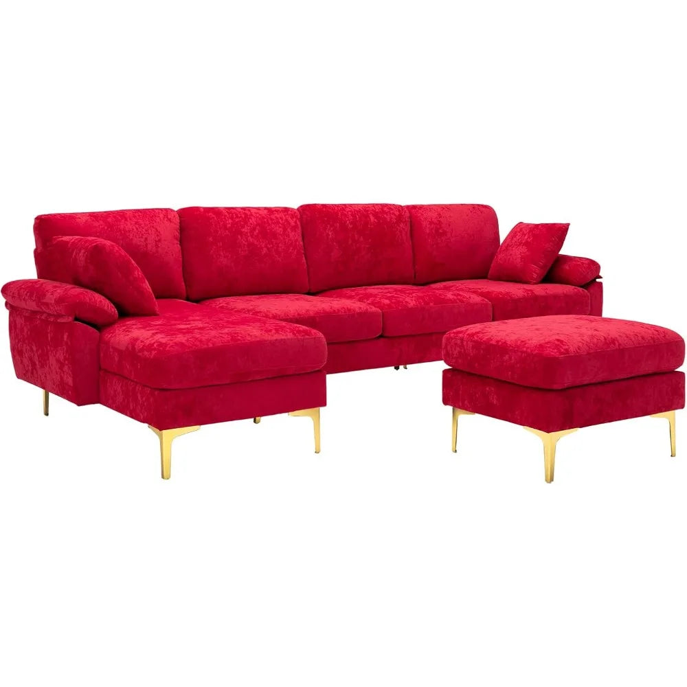 U-Shaped Sectional Sofa Couch, Modern Velvet Couch Set with Chaise Lounge, Ottoman and Pillows for Living Room Office Apartment