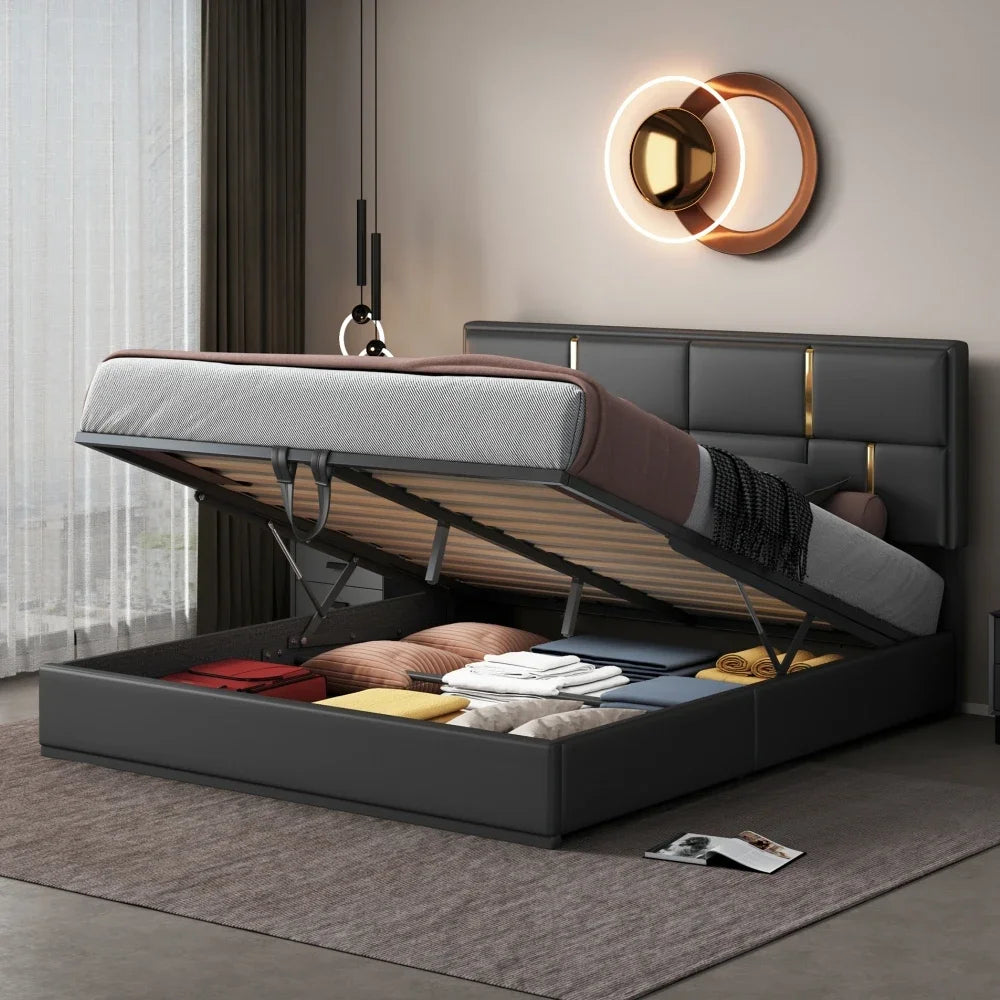 Upholstered Platform Beds with Storage System, Wood Bed Frame for Kids and Adults, Bedroom Furniture