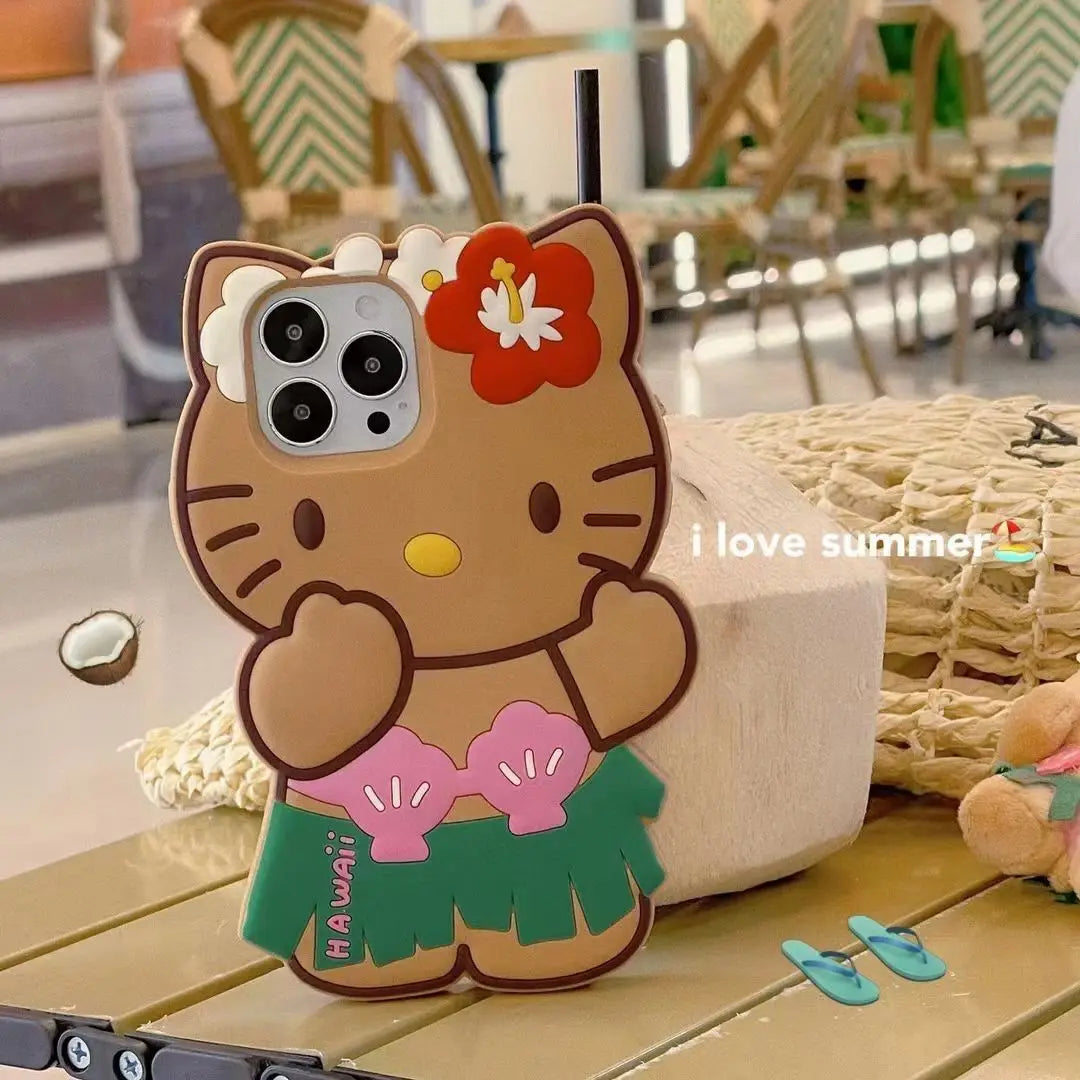 Hello Kitty Hawaiian Series Mobile Phone Shell Anime Sanrio 3D Stereoscopic Fall Prevention Iphone 14 13 12 11 Pro Soft Shell