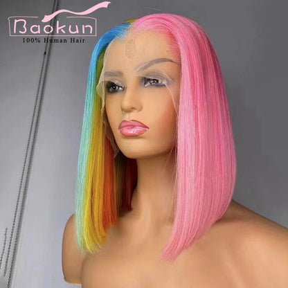 13x4 Rainbow Bob Straight Lace Front Wigs Human Hair 13x6 HD Lace Frontal Wig Glueless Blue Red Pink Highlight Human Hair Wigs