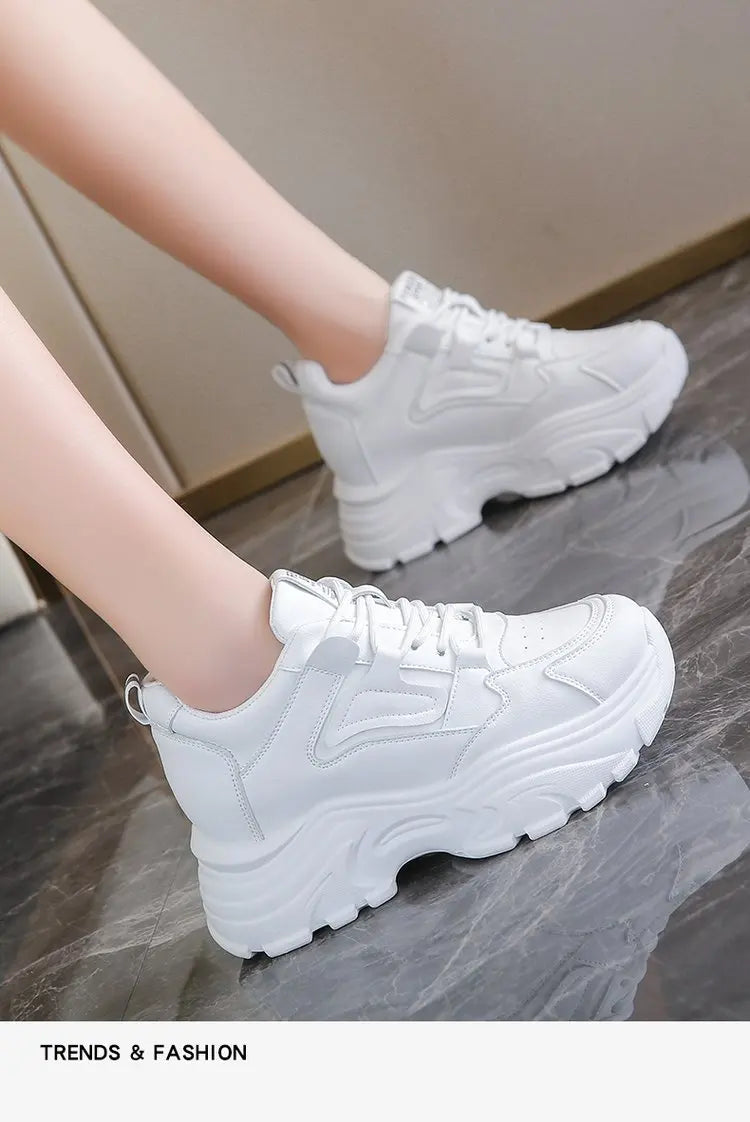 Women's Sneakers 2025 Spring Lace-Up Thick Bottom Vulcanize Shoes Woman Pu Leather Breathable White Black Sports Shoes Ladies