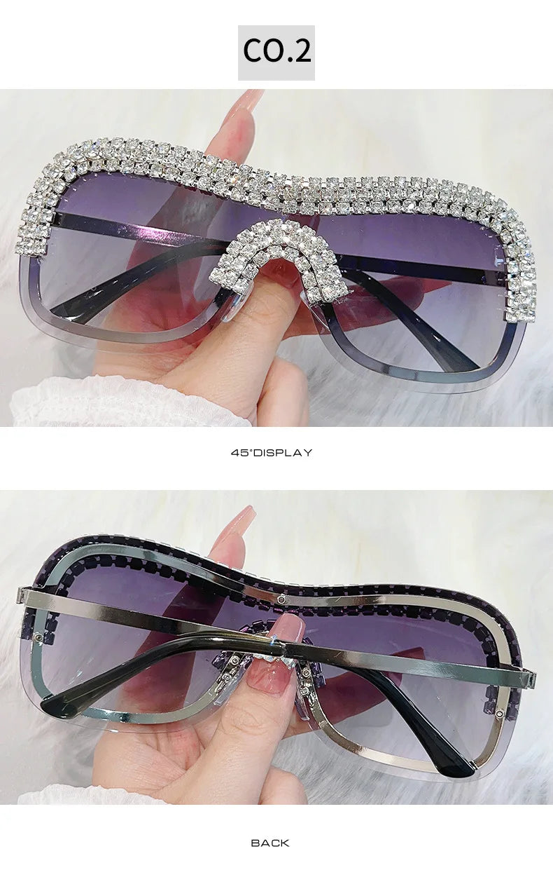 Y2K Vintage Punk Diamond Rimless Sunglasses Women Sun Glasses Brand Designer Trending Luxury Crystal Rhineston One Piece Shades