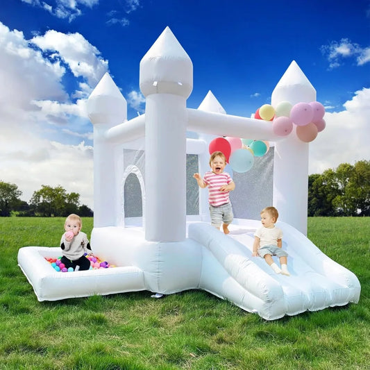 White Bounce House for Kid with Slide Ball Pit Blower Oxford White Castle 108 x108 x 84 inch Kid Birthday Party Playhouse Gift