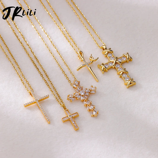 Zircon Cross Pendant Necklace for Women Gold Color Stainless Steel Collar Neckalces 2024 Trend Goth Jewelry Gifts free shipping