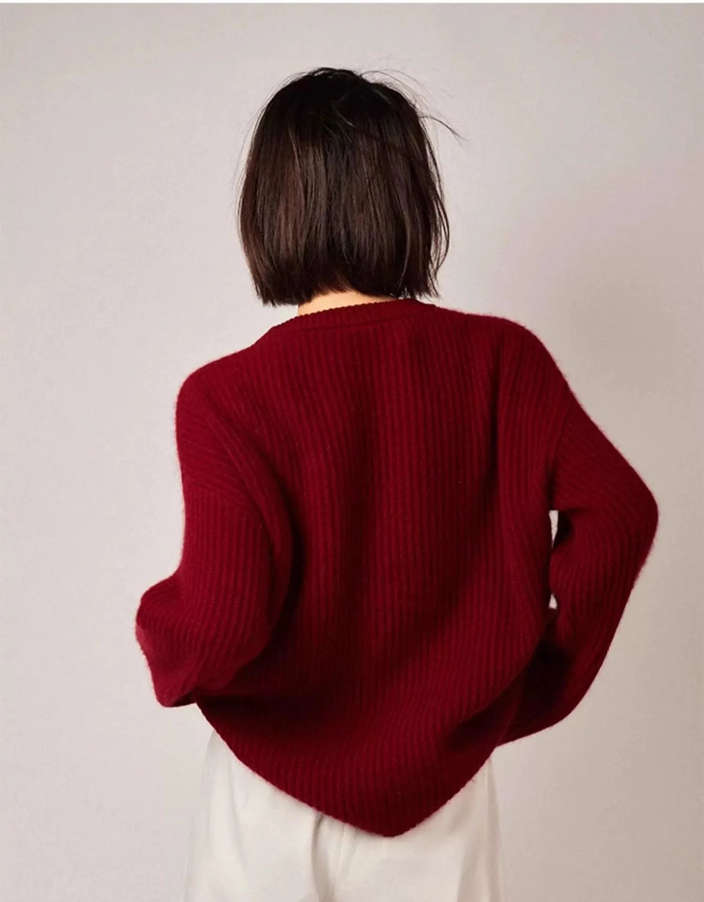 Turtleneck 100% cashmere sweater women loose thickening age reduction niche vintage red crewneck sweater women long sleeves