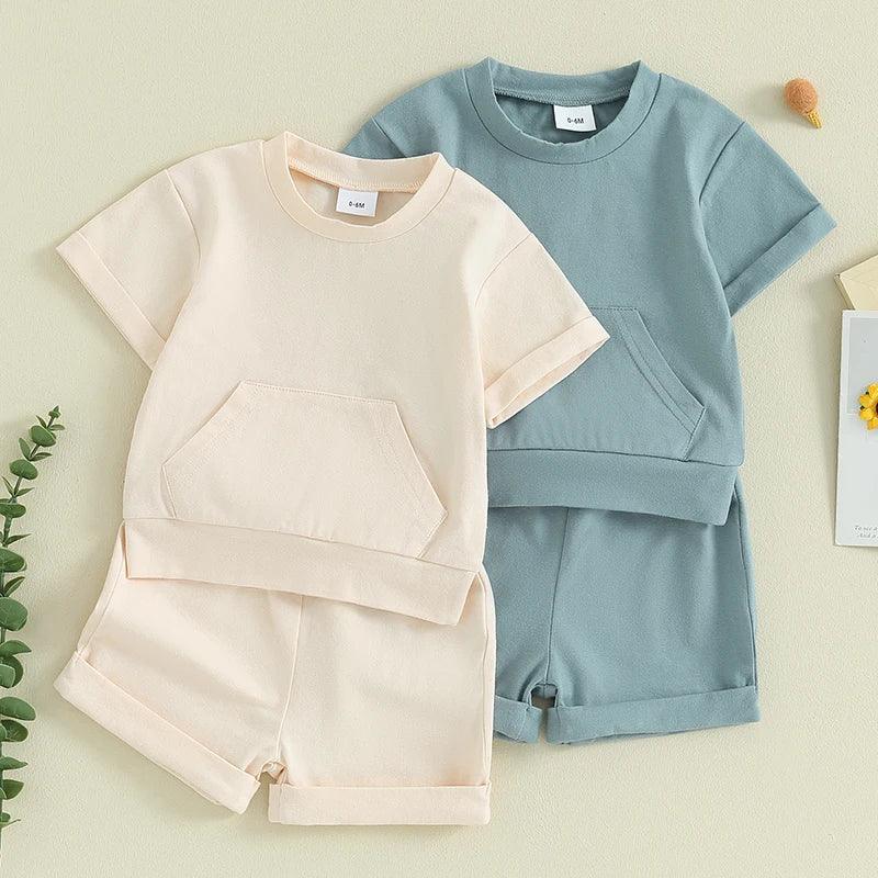 Toddler Infant Boys 2 Piece Outfits Solid Color Short Sleeve Pocket T-Shirt and Elastic Shorts Summer Baby Boy Clothes Set - MAGUSTA BEAUTY