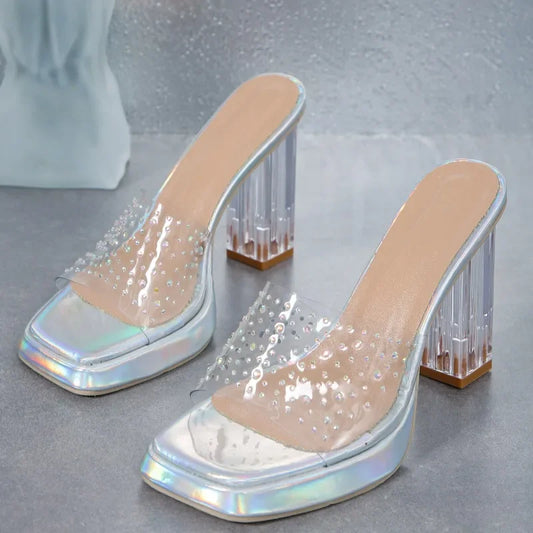 2024 Summer New Outwear Open Toe Large Slippers Sexy Transparent Water Diamond Crystal Heels Versatile Single Shoes for Women