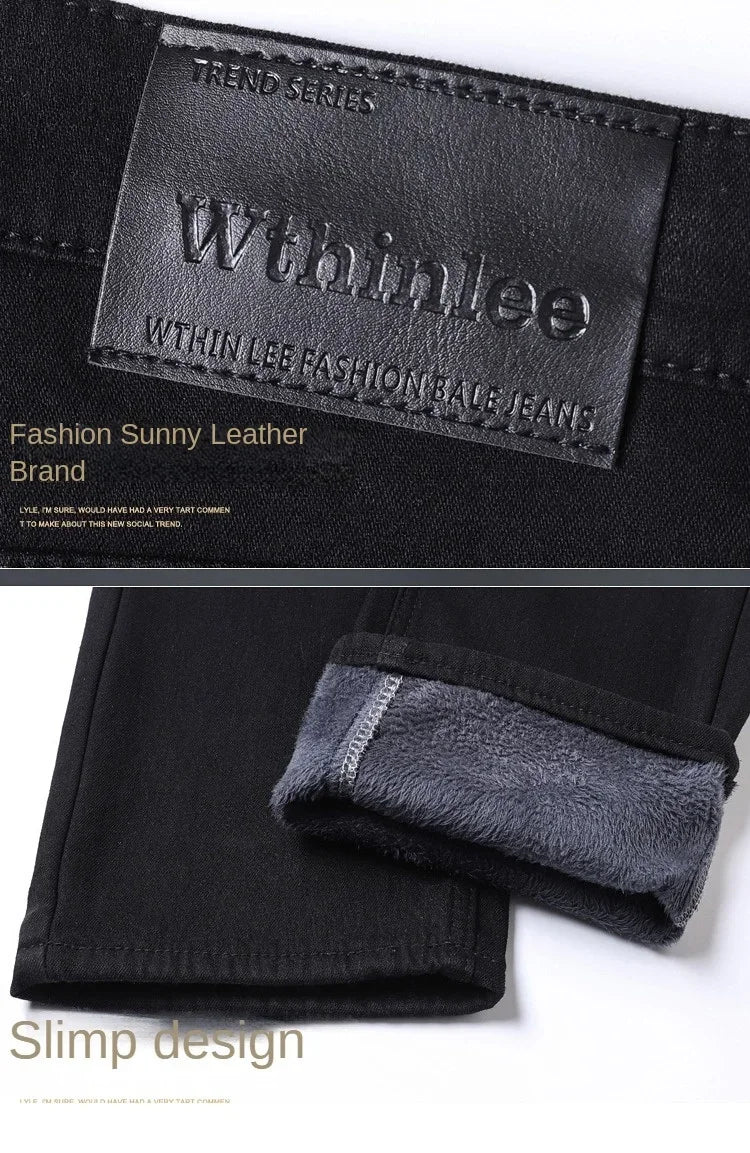 Wthinlee Men Brushed  Fashion Winter Jeans Men Slim Fit Stretch Thick Velvet Pants Warm Jeans Casual Fleece Trousers Male