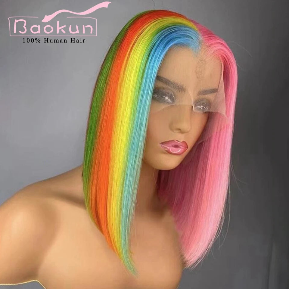 13x4 Rainbow Bob Straight Lace Front Wigs Human Hair 13x6 HD Lace Frontal Wig Glueless Blue Red Pink Highlight Human Hair Wigs