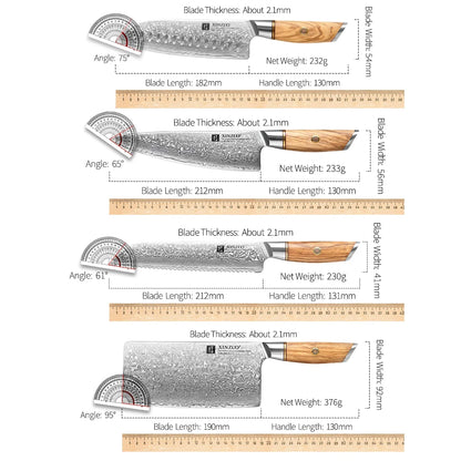 XINZUO 1-8pcs Kitchen Knife Set 73 Layers Custom Damascus Steel 15°±1 Per Side Steel Blade with Olive Wood Handle