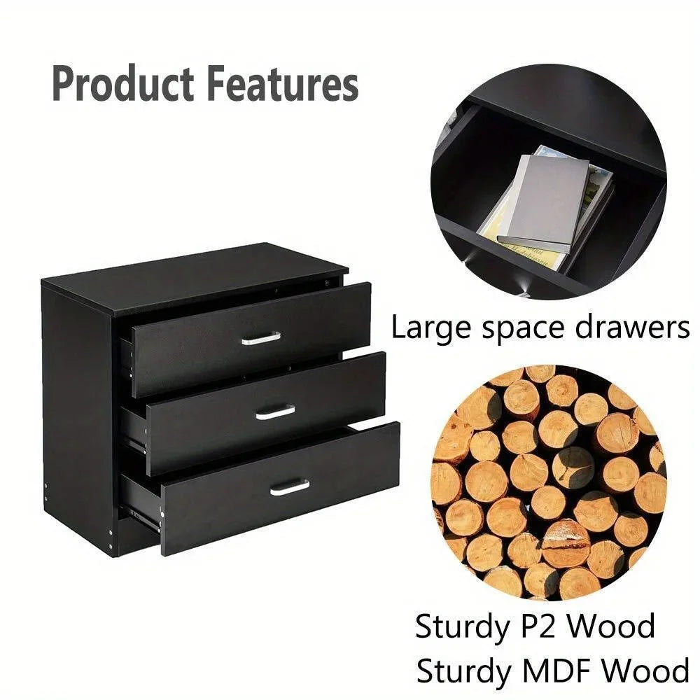 Wooden Dressers Chest of Drawers 3 Drawer Black Finish Bedroom Storage Furniture