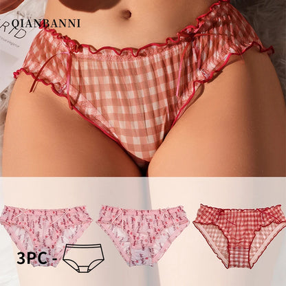 Three pack Cute  Girl Strawberry Panties Sexy Mesh Breathable Underwear honey Kawaii  lace  Intimate Lingerie Femme Panties