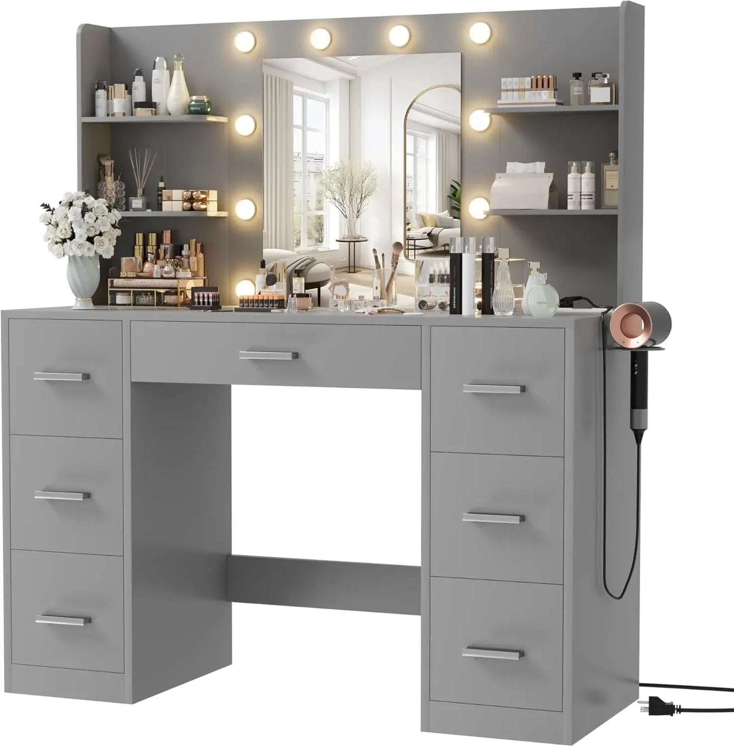 Vanity Desk with Mirror, LED Lights and Power Outlet Makeup Vanity Table with 7 Drawers and 6 Storage Shelves Dressing Table