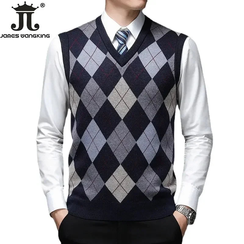 Woolen Sweater Warm Autumn and Winter New Men's Boutique Fashion Diamond -shaped Lattice Casual Business V -neck Sweater Vest