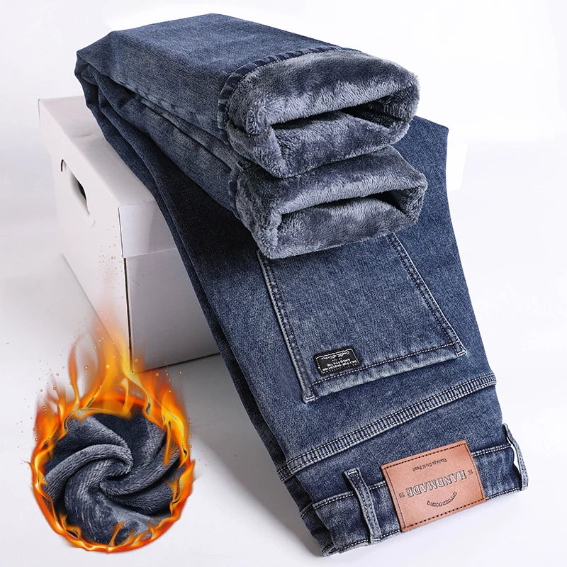 Winter Fleece Thick Warm Jeans Men's Slim Straight Elastic Denim Pants Casual Male Clothing Fashion Plush Trousers