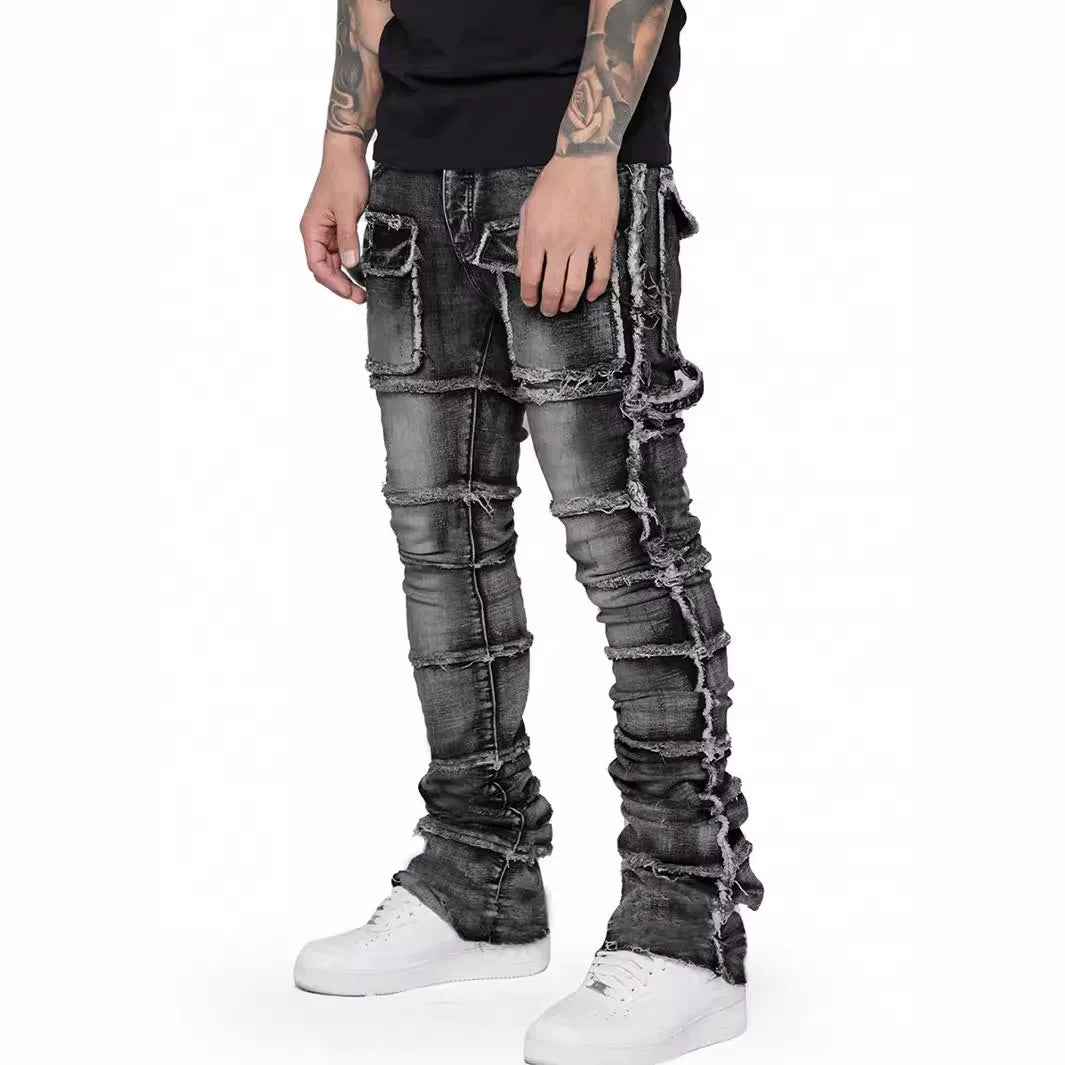 Trendy Men Jeans, European and American Fashionable Workwear with Patch, Elastic, Laminated and Slightly Flared Men Denim Pants.