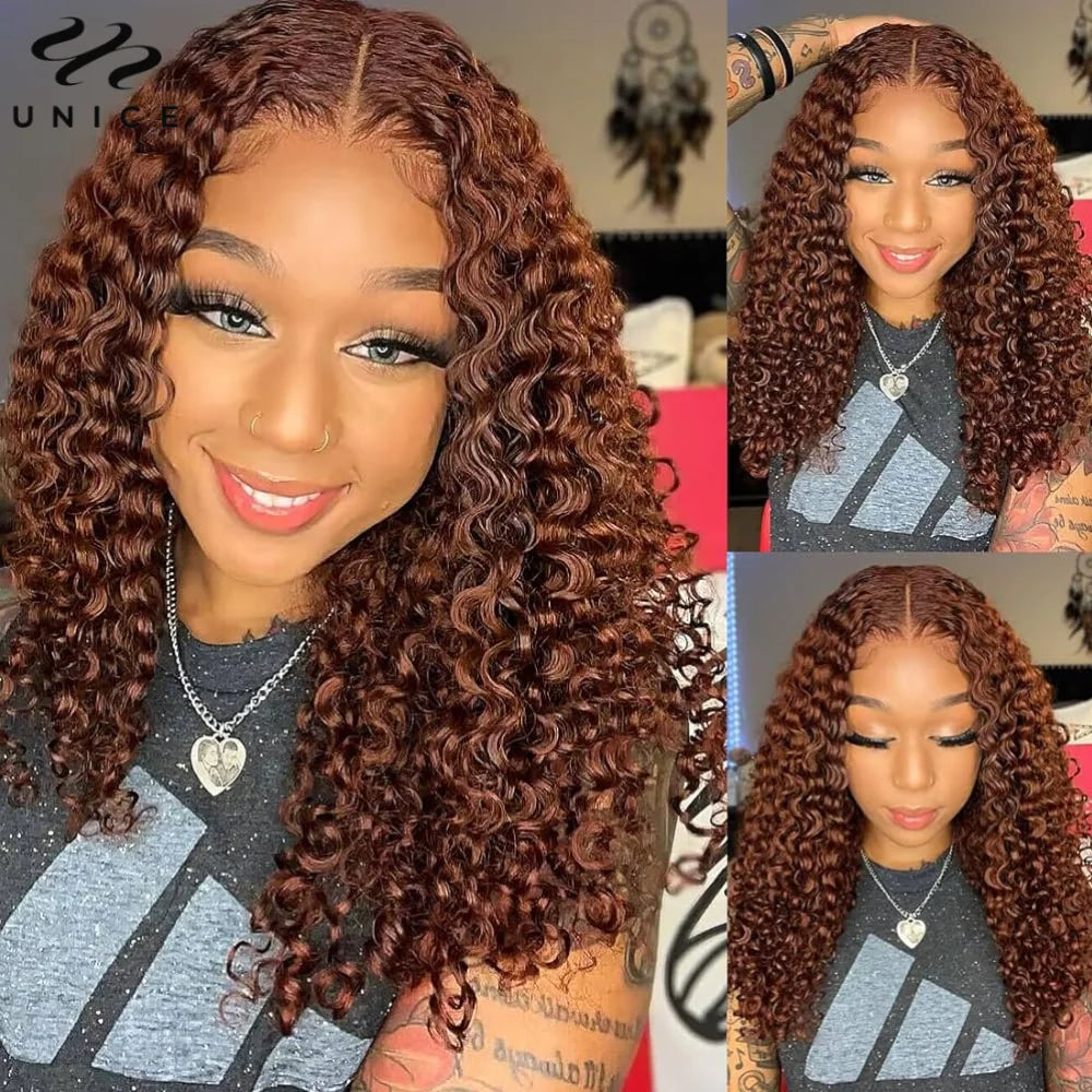 UNice Bye-Bye Knots Wig 7x5 Deep Curly Wear Go Glueless Wig Human Hair Reddish Brown Pre Cut Pre Bleached 13x4 Lace Frontal Wig