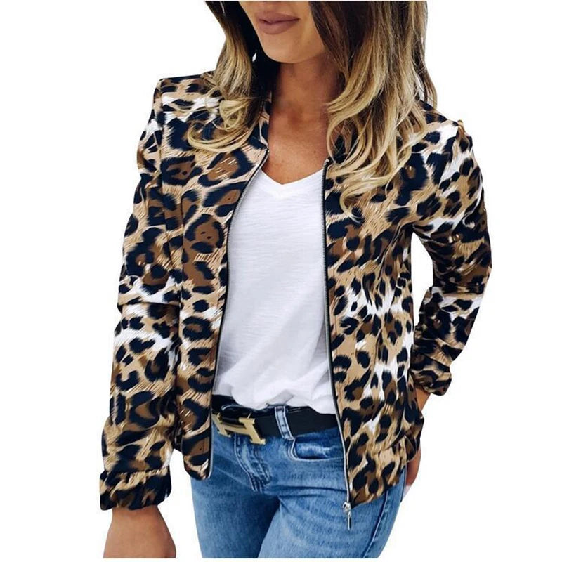 Women's Hot Style Baseball Uniform Fashion Leopard Print Loose Collar Zipper Cardigan Jacket Ladies Sport Jacket Tops Clothes