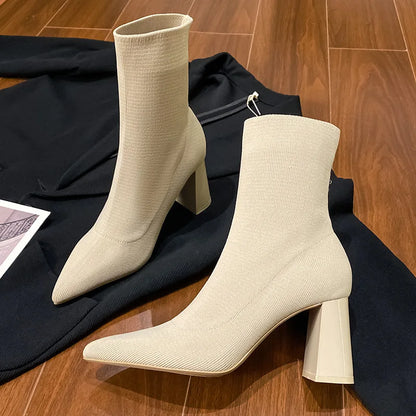 Women Boots High Heels Heeled Elastic Sock Boots 2023 Winter Fashion Pointed Toes Heel Women Chunky Heel Woman Shoes Pale Beige