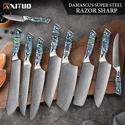 XITUO 67 Layer Damascus Steel Kitchen Knives Set Abalone Handle Sharp Santoku Bread Boning Knife Practical Kitchen Cutting Tools