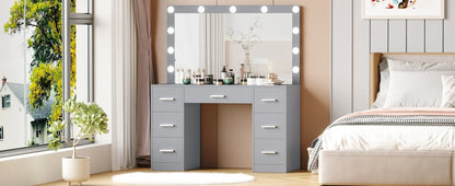 Vanity Desk, Lighted Mirror, 3 Color Lighting Modes, Dressing Table with Drawers, Bedroom Vanity Table Set for Women