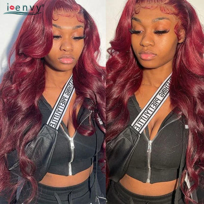 13X4 Hd Transparent Lace Front Wigs Burgundy Red Human Hair Wigs Pre Plucked 30 Inches Body Wave Lace Front Wigs For Women Curly