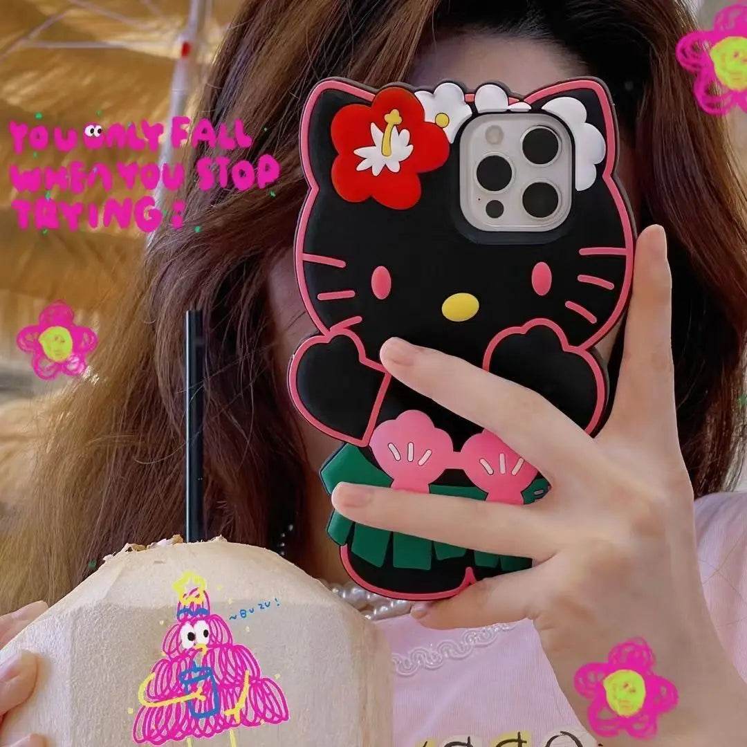 Hello Kitty Hawaiian Series Mobile Phone Shell Anime Sanrio 3D Stereoscopic Fall Prevention Iphone 14 13 12 11 Pro Soft Shell