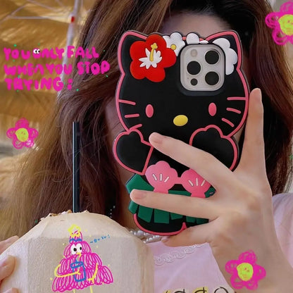 Hello Kitty Hawaiian Series Mobile Phone Shell Anime Sanrio 3D Stereoscopic Fall Prevention Iphone 14 13 12 11 Pro Soft Shell