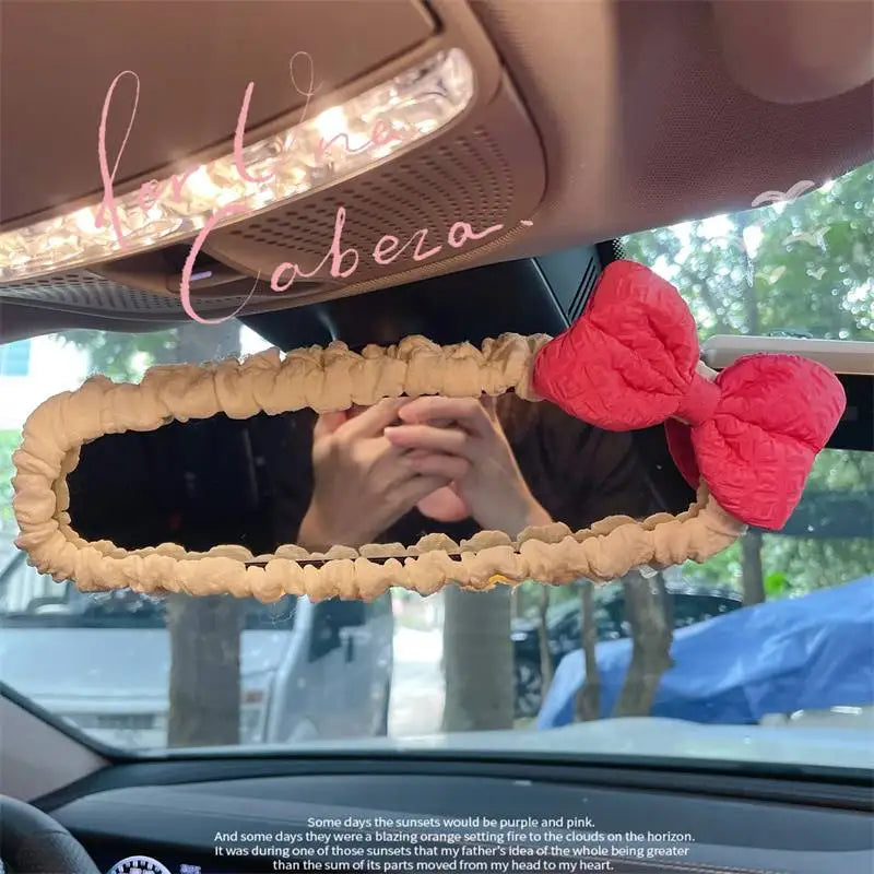 Velvet Retro Red Bow Car Mirror Cover Universal Stretch Soft Plush Auto Interior Rearview Mirror Case Decor Accessories Women