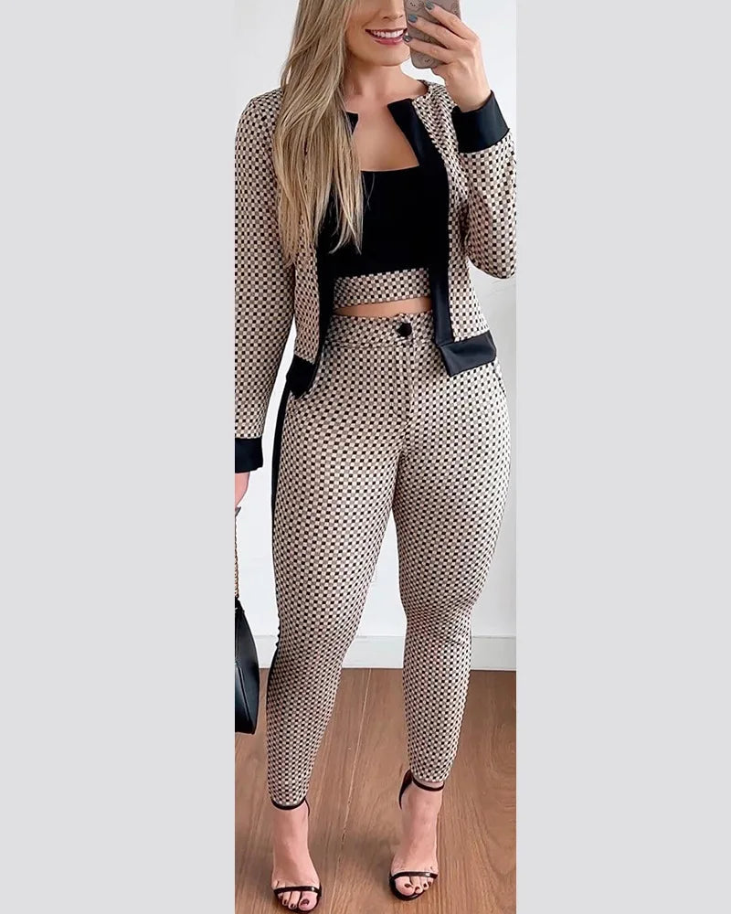 Two Piece Set Women Outfit Spring Fashion Plaid Print Contrast Paneled Open Front Long Sleeve Coat & Elegant Skinny Pants Set