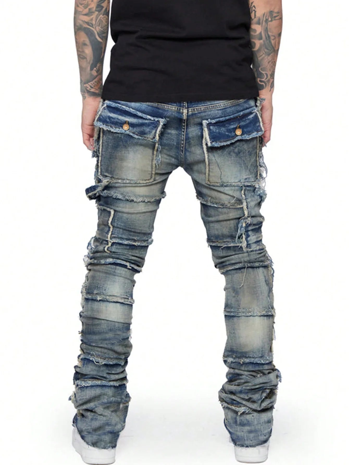 Trendy Men Jeans, European and American Fashionable Workwear with Patch, Elastic, Laminated and Slightly Flared Men Denim Pants.