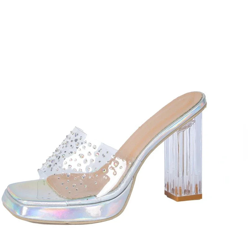 2024 Summer New Outwear Open Toe Large Slippers Sexy Transparent Water Diamond Crystal Heels Versatile Single Shoes for Women