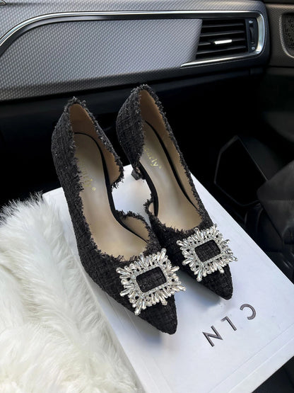 White Design Rhinestones Women Pumps Spring Fashion Pointed Toe Female Shallow High Heel Elegant Women's Work Dress Shoes