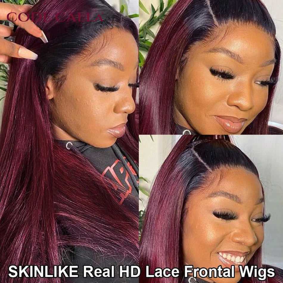 1B 99J 13x4 Lace Front Wig Straight Burgundy Frontal Human Hair Wig Brazilian Remy Pre Plucked Ombre Wine Red 180% On Sale