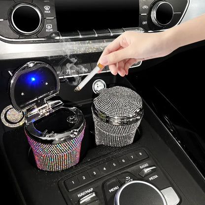 Crystal Diamond Car Ashtray Auto Portable Bling Cigarette Smokeless with LED Light Indicator Car Accessories for Women