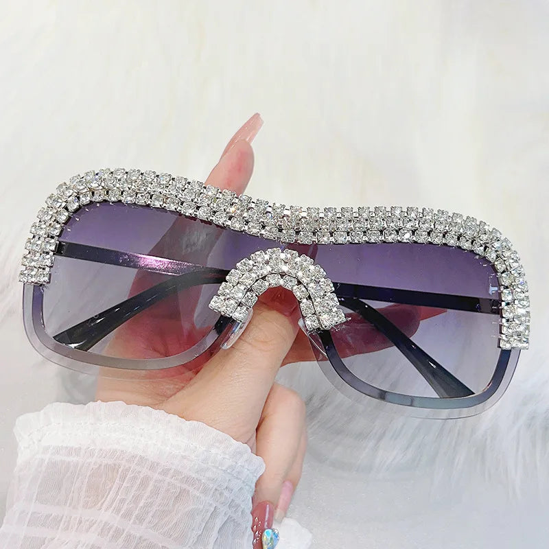 Y2K Vintage Punk Diamond Rimless Sunglasses Women Sun Glasses Brand Designer Trending Luxury Crystal Rhineston One Piece Shades