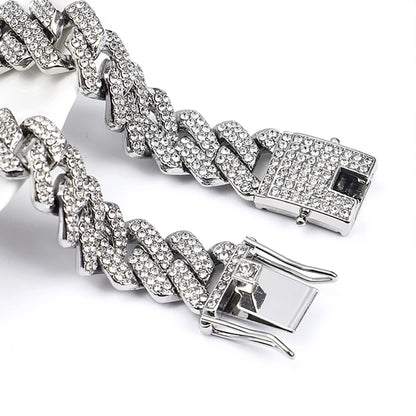 Hip Hop Shiny 15MM Cuban Link Chain Necklace Women Men Silver Color Rhinestone Iced Out Cuban Chain Punk Jewelry Necklace Gift