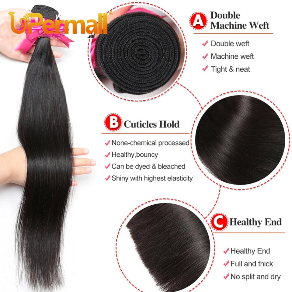 Upermall 2/3/4 Remy Straight Human Hair Bundles With Frontal Brazilian Transparent Pre Plucked 13x4 Lace Closure and Bundle 10A