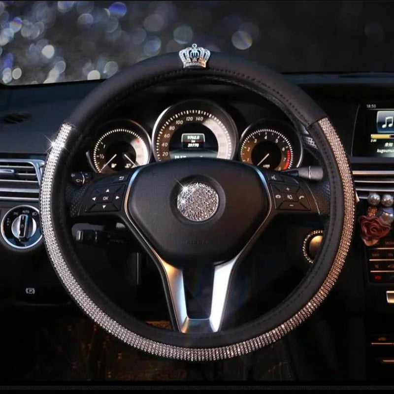 Universal PU Leather Car Steering Wheel Cover Bling Rhinestone Crystal Car Interior Decro with Crystal Crown Accessories Black