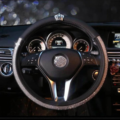 Universal PU Leather Car Steering Wheel Cover Bling Rhinestone Crystal Car Interior Decro with Crystal Crown Accessories Black