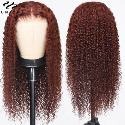 UNice Bye-Bye Knots Wig 7x5 Deep Curly Wear Go Glueless Wig Human Hair Reddish Brown Pre Cut Pre Bleached 13x4 Lace Frontal Wig