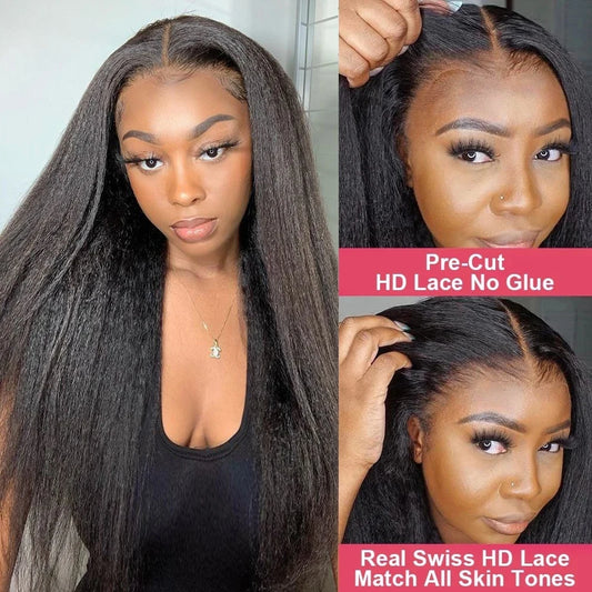 Yaki Kinky Straight HD Lace Glueless Wig Human Hair Ready To Wear And Go Preplucked Wigs For Women 100% Human Hair 200 Density